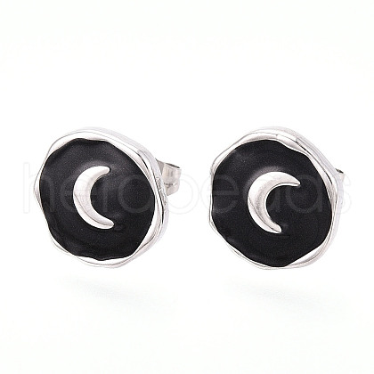 Nuggets with Moon 304 Stainless Steel Enamel Stud Earrings EJEW-T047-19P-1