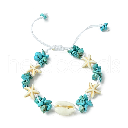 Synthetic Turquoise Starfish & Natural Shell Braided Bead Bracelets BJEW-TA00371-1