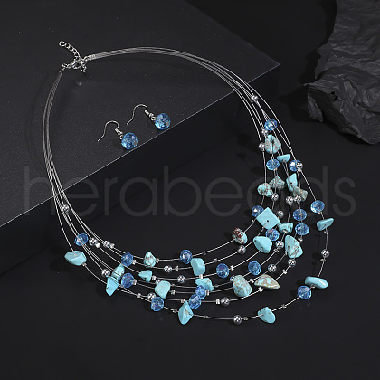 Alloy & Synthetic Turquoise Chip & Resin Multilayer Necklaces & Dangle Earrings Sets FS-WG2F3F6-01-1