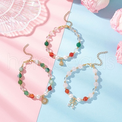 3Pcs Natural Striped Agate & Quartz Crystal & Shell Pearl Round Beads Stretch Bracelets BJEW-JB11916-1