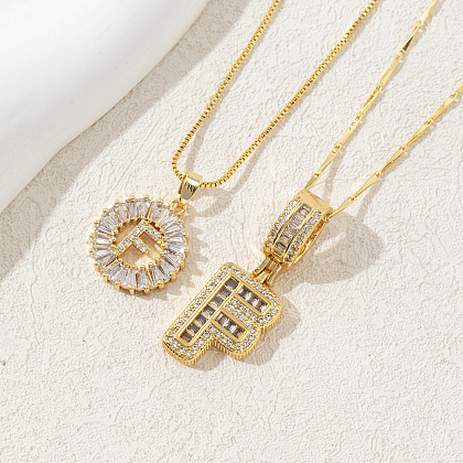 2Pcs 2 Styles Brass Pave Clear Cubic Zirconia Initial Pendant Necklace Sets FS-WGBC393-06-1