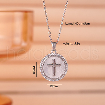 Brass Micro Pave Clear Cubic Zirconia Flat Round Cross Pendant Necklaces for Women FS-WG5A333-01-1