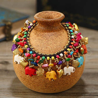 Bohemian Dyed Synthetic Turquoise Elephant & Brass Fish Heart Beaded Tassel Anklets for Women FS-WG11539-01-1
