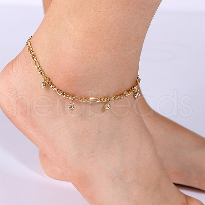 Brass Figaro Chain Clear Cubic Zirconia Flat Round Tassel Anklets for Women FS-WG29303-01-1