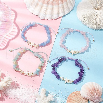 4Pcs Natural Gemstone Chip Braided Bead Bracelets BJEW-JB11540-02-1