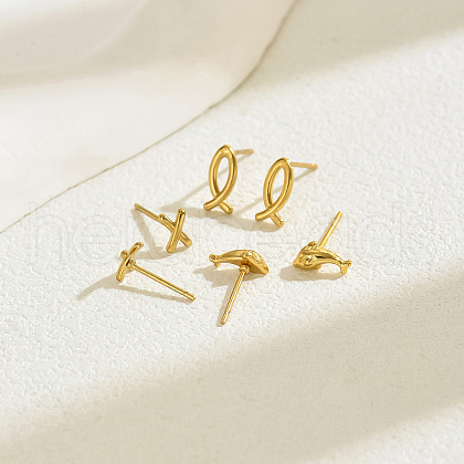 3 Pairs Stylish Stainless Steel Fish & X-Shaped & Dolphin Stud Earrings EN4895-1