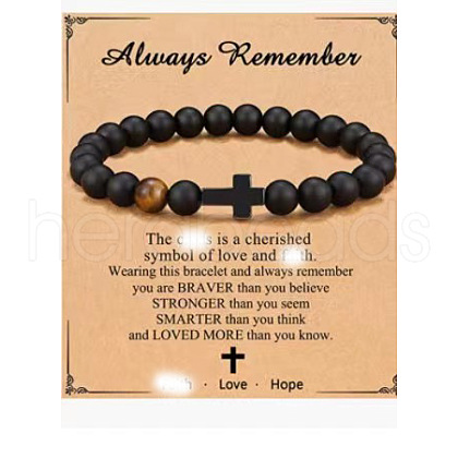 Cross Natural Tiger Eye & Frosted Black Obsidian Round Beads Stretch Bracelets for Men Women WG92FBF-08-1