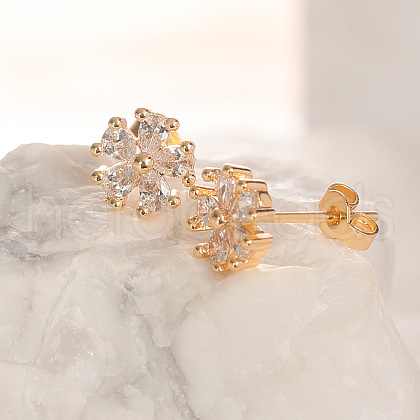 Flower Brass Cubic Zirconia Stud Earrings KV6480-2-1