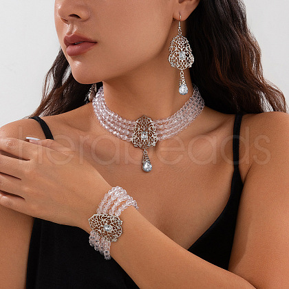 Teardrop Alloy & Glass Rhinestone Pendant Necklace & Stud Dangle Earring & Bracelet FS-WG89F11-15-1