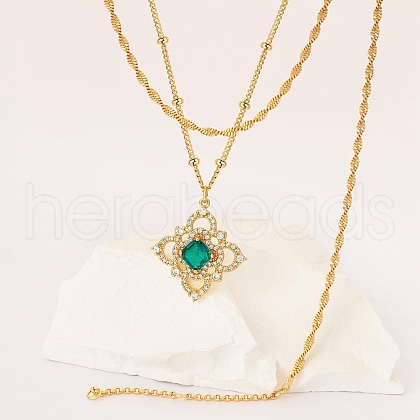 2Pcs Brass Green Cubic Zirconia Pendant Double Layer Necklaces FS-WG0C34D-01-1
