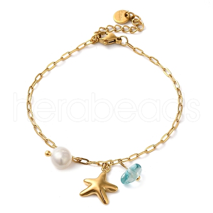 Mother's Day Jewellery Freshwater Pearl & Glass & Beach Starfish Charm Bracelets BJEW-K237-06G-04-1