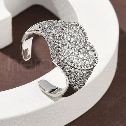 Heart Brass Micro Pave Cubic Zirconia Cuff Rings for Women RJEW-A069-11P-01-1