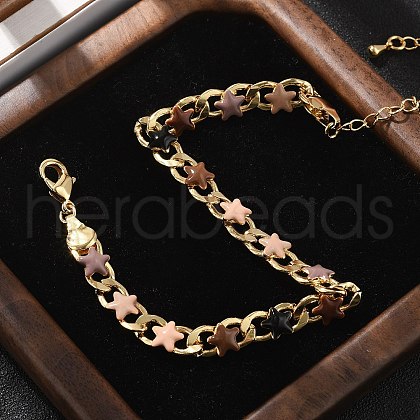 Star Brass Enamel Curb Chain Bracelets for Women BJEW-B125-02G-1
