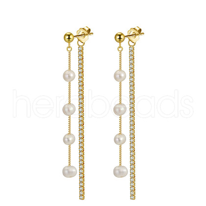 Cubic Zirconia & Pearl Beaded Front Back Stud Earrings EJEW-P231-21G-1