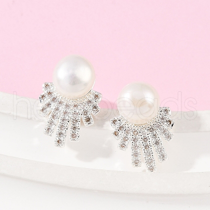 Round Brass Micro Pave Clear Cubic Zirconia Stud Earrings EJEW-U072-01S-1