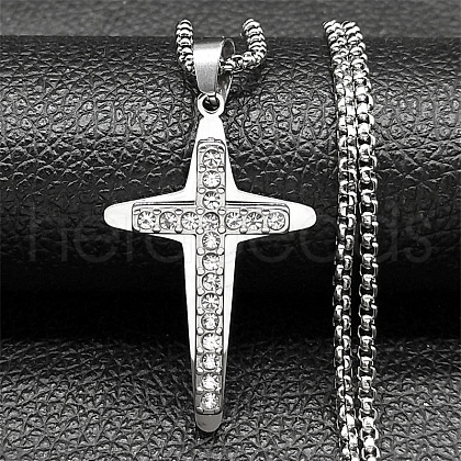 304 Stainless Steel Crystal Rhinestone Religion Cross Pendant Necklaces NJEW-H065-11P-1
