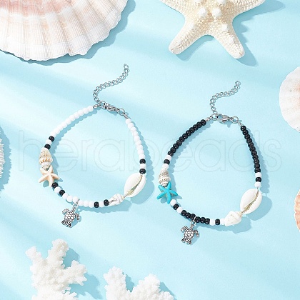 2Pcs 2 Styles Summer Beach Synthetic Turquoise Starfish & Natural Cowrie Shell & Glass Seed Round Beaded Alloy Turtle Charm Anklets AJEW-TA00038-1