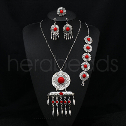 Flat Round Alloy with Resin Pendant Necklace & Stud Dangle Earring & Link Bracelet & Ring FS-WGB1F06-11-1