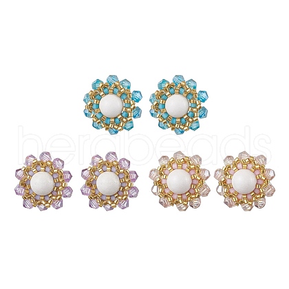 3 Pairs Flower Glass Seed Beaded with Natural Mashan Jade Stud Earrings for Women EJEW-MZ00208-1