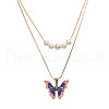 Alloy Enamel & Round Imitation Pearl Double Layered Butterfly Pendant Necklaces for Women WG304A4-01-3