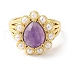 Natural Mixed Gemstone Teardrop Adjustable Ring with Plastic Pearl Beaded RJEW-E075-01G-3