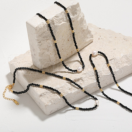 Natural Black Spinel Faceted Rondelle and Freshwater Pearl Beaded Necklaces AF5401-1