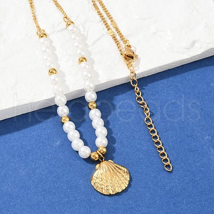 304 Stainless Steel Sea Animal Pendant Plastic Imitation Pearl Beaded Necklaces for Women NJEW-U048-02B-G-1