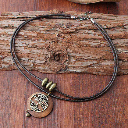 Flat Round with Tree of Life Alloy & Wood Pendant Imitation Leather Cord Double Layer Necklaces for Women FS-WGE426D-01-1