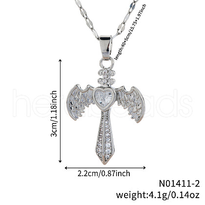 Retro Hip Hop Style Brass Full Rhinestone Heart Wing Sword Pendant Necklaces for Women IJ2885-2-1