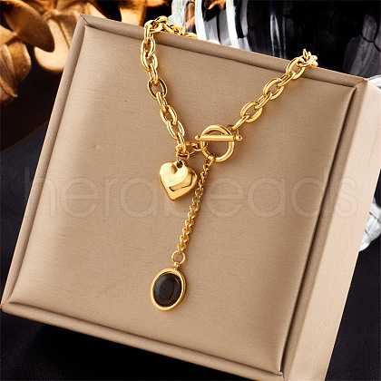 Alloy Pave Black Glass Oval Heart Pendant Necklaces with OT Toggle Clasps FS-WGED1AD-01-1