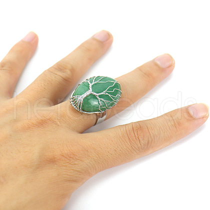 Copper Wire Wrapped Natural Green Aventurine with Alloy Finger Rings FS-WG01E85-07-1