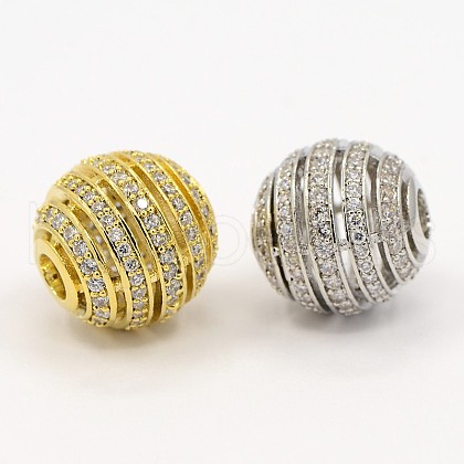 Hollow Round Brass Micro Pave Cubic Zirconia Beads ZIRC-D026-05-1