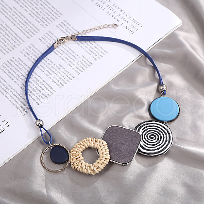 Bohemian Style Alloy and Raffia Geometric Pendant PU Leather Cord Bib Necklaces FS-WG7F958-02-1