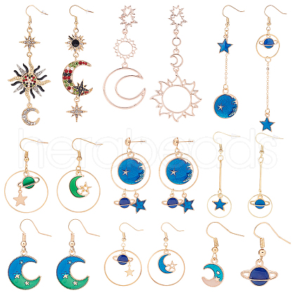 ANATTASOUL 9 Pairs 9 Style Rhinestone Sun & Moon & Star & Planet Enamel Asymmetrical Earrings EJEW-AN0002-14-1