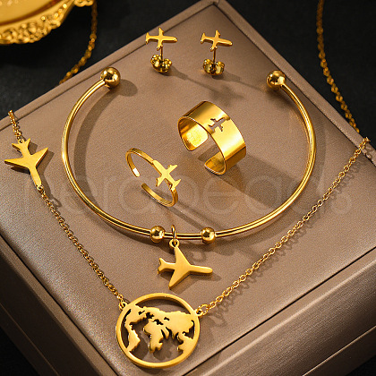 Airplane & Earth 201 Stainless Steel Pendant Necklace & Stud Earring & Cuff Ring & Cuff Bangle Sets FS-WG54043-01-1