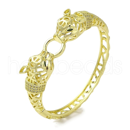 Brass Pave Clear & Green Cubic Zirconia Leopard Hinged Hollow Bangle for Women BJEW-K246-19F-G-1