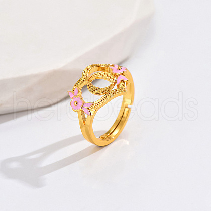 Heart & Flower Brass Pearl Pink Enamel Adjustable Finger Rings FS-WG8B9BA-14-1