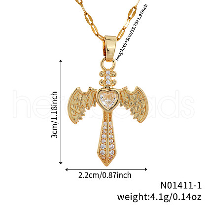Retro Hip Hop Style Brass Full Rhinestone Heart Wing Sword Pendant Necklaces for Women IJ2885-1-1