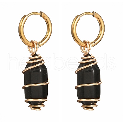 Copper Wire Wrapped Natural Obsidian Dangle Earrings for Women EJEW-JE04628-05-1