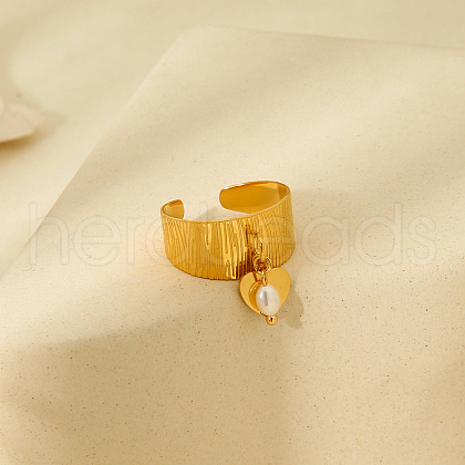 Oval & Heart 304 Stainless Steel with Plastic Pearl Adjustable Open Cuff Rings FS-WG08637-01-1