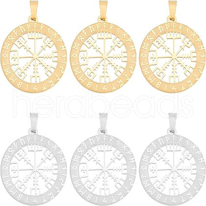 Unicraftale 6Pcs 2 Colors 304 Stainless Steel Norse Viking Compass Amulet Pendants STAS-UN0038-27-1
