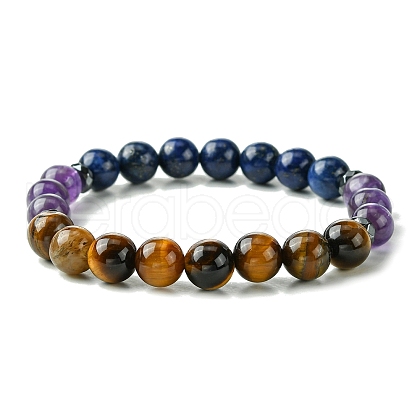 8mm Round Natural Tiger Eye & Natural Lapis Lazuli & Natural Amethyst & Non-Magnetic Synthetic Hematite Beaded Stretch Bracelets BJEW-JB10901-02-1