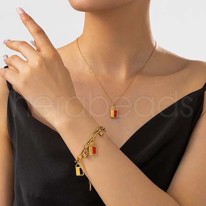 Stainless Steel Rhinestone Padlock Charm Bracelet & Necklace Set MQ4841-1