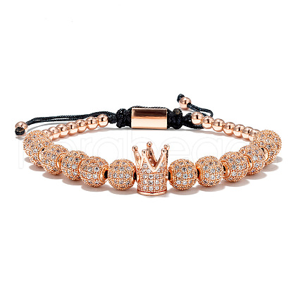Vintage Brass Micro Pave Cubic Zirconia Crown & Round Braided Bead Adjustable Bracelets EO2719-4-1
