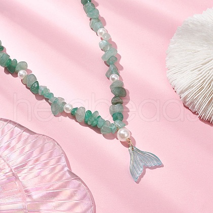 Natural Green Aventurine Chip & Imitaton Round Pearl Beaded Adjustable Necklaces NJEW-JN05227-03-1