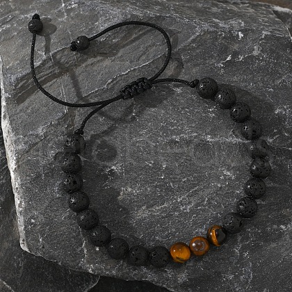 Retro Round Natural Lava Rock Braided Bead Bracelets for Men BL1324-1-1