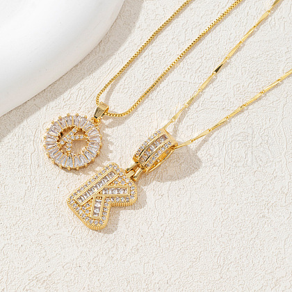 2Pcs 2 Styles Brass Pave Clear Cubic Zirconia Initial Pendant Necklace Sets FS-WGBC393-11-1