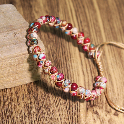Dyed Natural Imperial Jasper Round Beaded Braided Bead Bracelets WGA4FF5-13-1