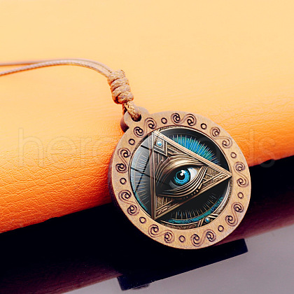 Flat Round with Eye of Horus Pattern Alloy & Glass & Wood Pendant Necklaces FS-WG5F061-01-1