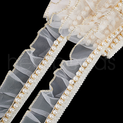   5 Yards Chiffon Pleated Lace Ribbon with Plastic Beads OCOR-PH0004-05-1